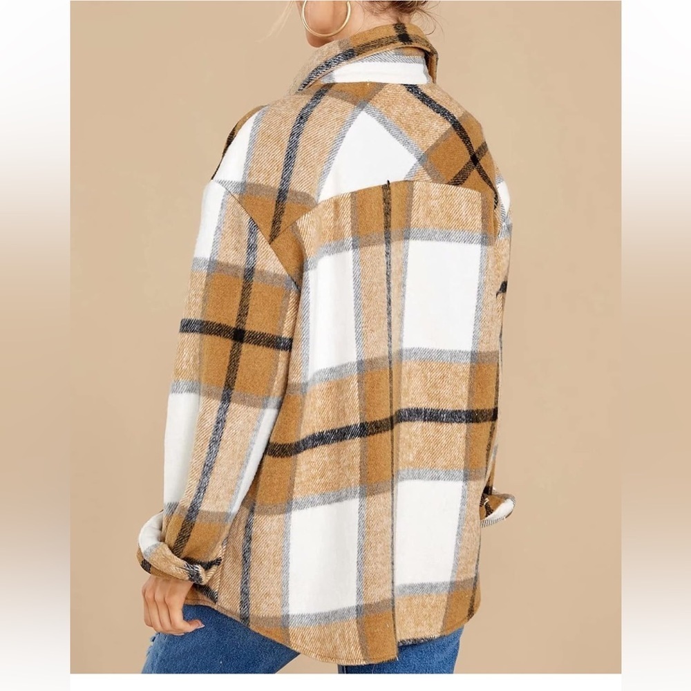 Women’s Tan Black Ivory Button Up Plaid Shacket, L or Large - Picture 2 of 11